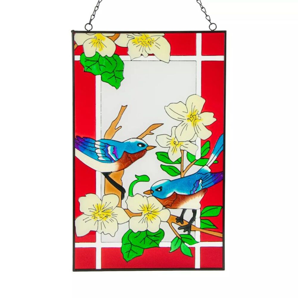 Bluebirds and Apple Blossoms Glass Hanging Suncatcher 16" x 10"